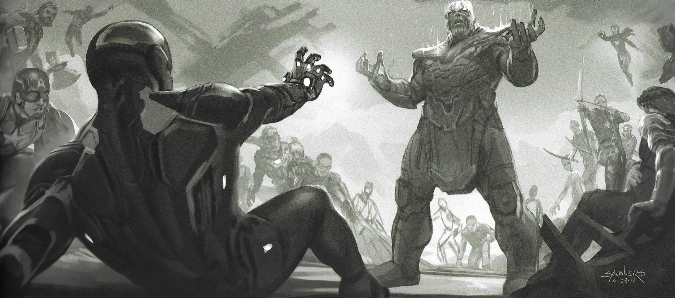 Avengers: Endgame konceptna umjetnost prikazuje Kapetana Ameriku kako gleda na Thanosa i njegovu vojsku